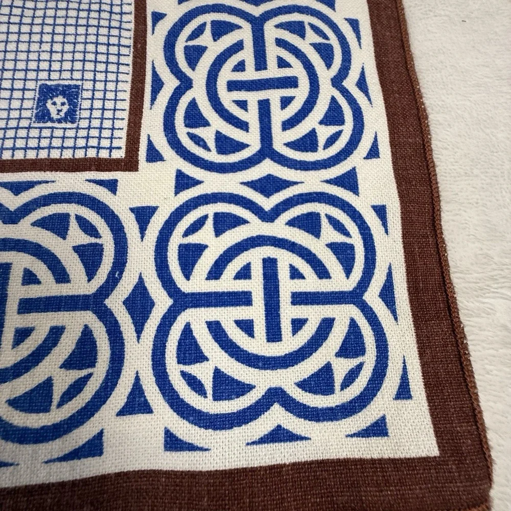 Vintage Anne Klein Cotton Scarf Handkerchief Lot Lion Logo Blue Brown Geometric